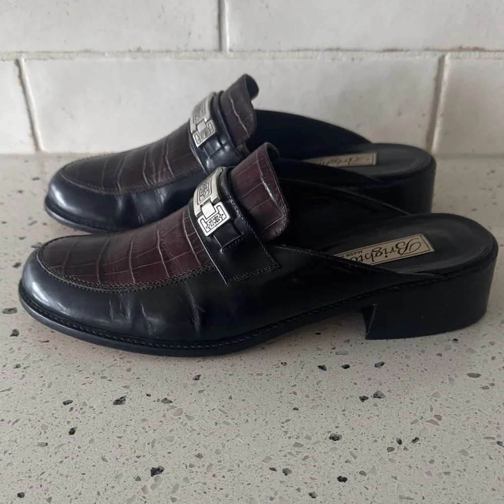 Brighton DEEDEE VINTAGE Black Brown Leather Mules Loafers Made in Italy Size 7.5